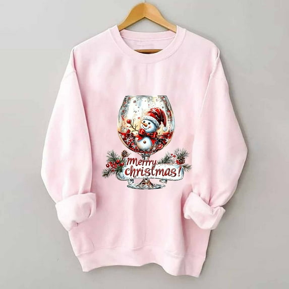 Womens Tops Plus Size Christmas Printed Long Sleeved Round Neck Off Shoulder Sweatshirt Pink2 L