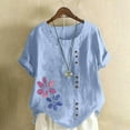 thumbnail image 1 of Womens Tops Plus Size Clearance! Xunlbb Women Casual And Linen Round-Neck Top Printed Short Sleeve Button T-shirt Blouse ,T-shirt Tunic Tops Light Blue, 1 of 4