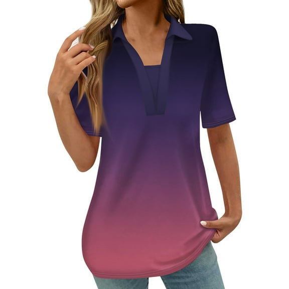 Womens Tops Plus Size Fashion Women's Gradient Printed Blouses Short Sleeved T-Shirt Turndown Collar Top