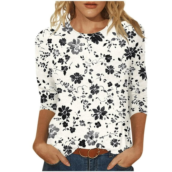 Womens Tops Plus Size Floral 3/4 Sleeve T-Shirt Dressy Casual Tunic Crewneck Basic Tee Shirt Blouse