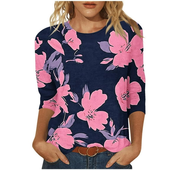 Womens Tops Plus Size Floral 3/4 Sleeve T-Shirt Dressy Casual Tunic Crewneck Basic Tee Shirt Blouse
