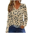 thumbnail image 1 of Womens Tops Plus Size Floral Printing V-neck Long Sleeve Casual Loose T-shirt Top Khaki, 1 of 4