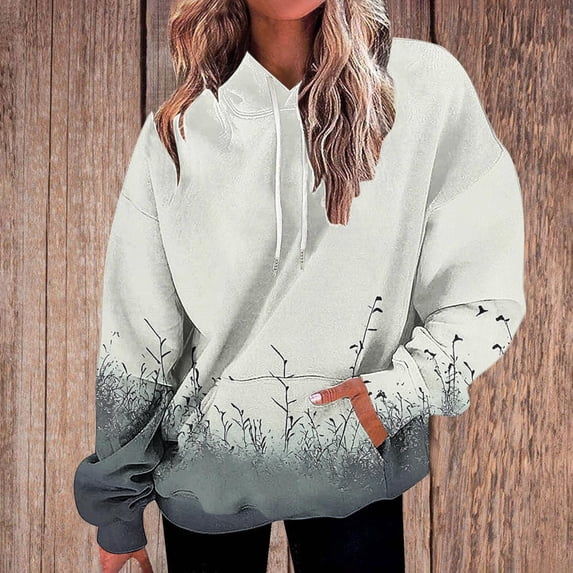 Womens Tops Plus Size Gradient Print Hooded Long Sleeved Pocket Long Top Fall Winter Sweatshirt Gray S