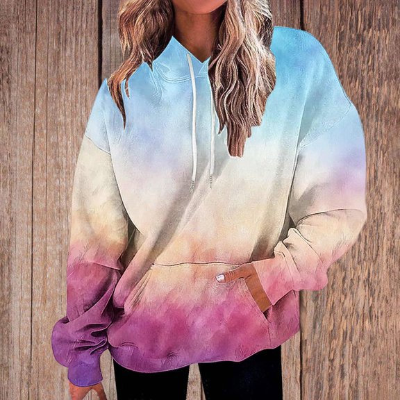 Womens Tops Plus Size Gradient Print Hooded Long Sleeved Pocket Long Top Fall Winter Sweatshirt Hot Pink L