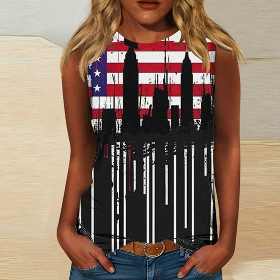 Womens Tops Plus Size Independence Day Sleeveless Round Neck Casual Top Multicolor XXXXXL