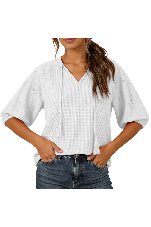 Womens Tops Plus Size Knit with Lace Cutout Tie Neck Lightweight Relaxed Fit Blouson Sleeve Summer Casual Y2K Fashion Tees 2026 White 2XL