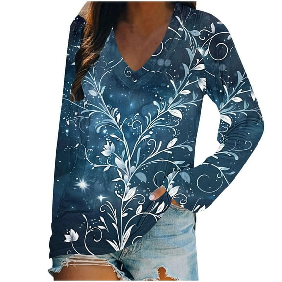 Womens Tops Plus Size Long Sleeve Blouse Trendy Floral V Neck Tee Casual Spring Summer Tunic Shirts