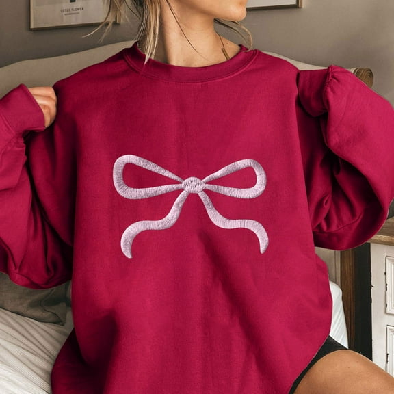Womens Tops Plus Size Long Sleeve Bow Tie Printing Round Neck Loose Sweatshirts Red M