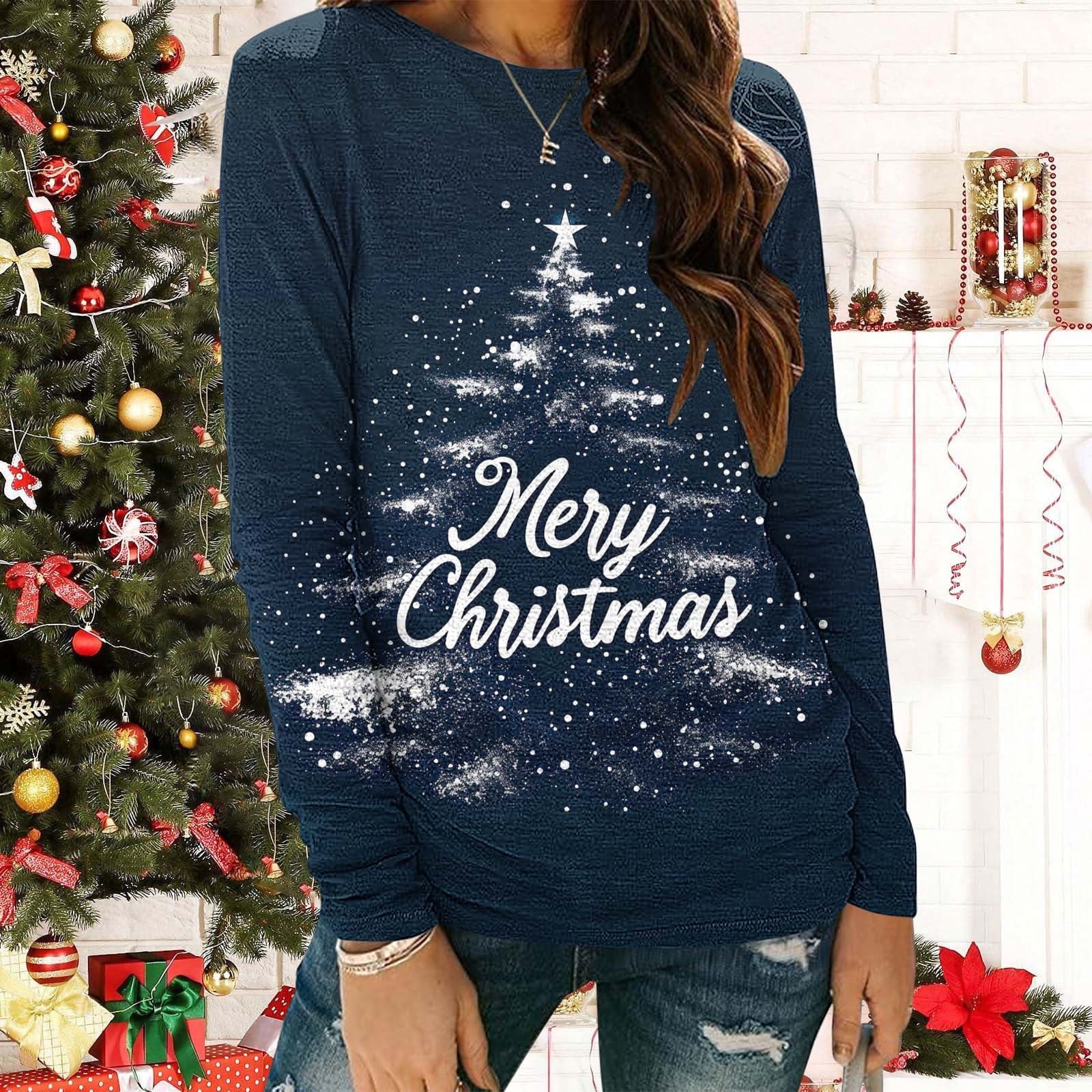 Womens Tops Plus Size Long Sleeve Christmas Shirts for Women Holiday Party Wear Round Neck Graphic Print Comfort Casual Outfits