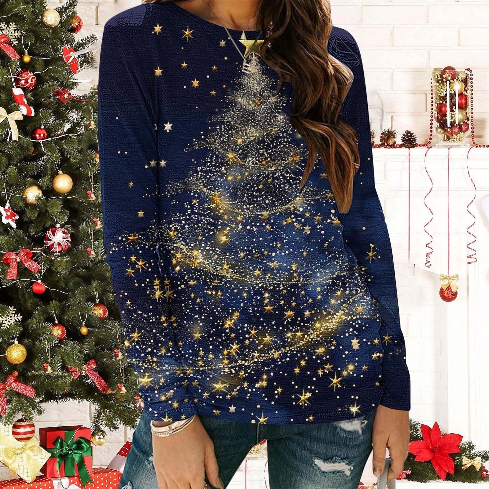 Womens Tops Plus Size Long Sleeve Christmas Shirts for Women Holiday Party Wear Round Neck Graphic Print Comfort Casual Outfits