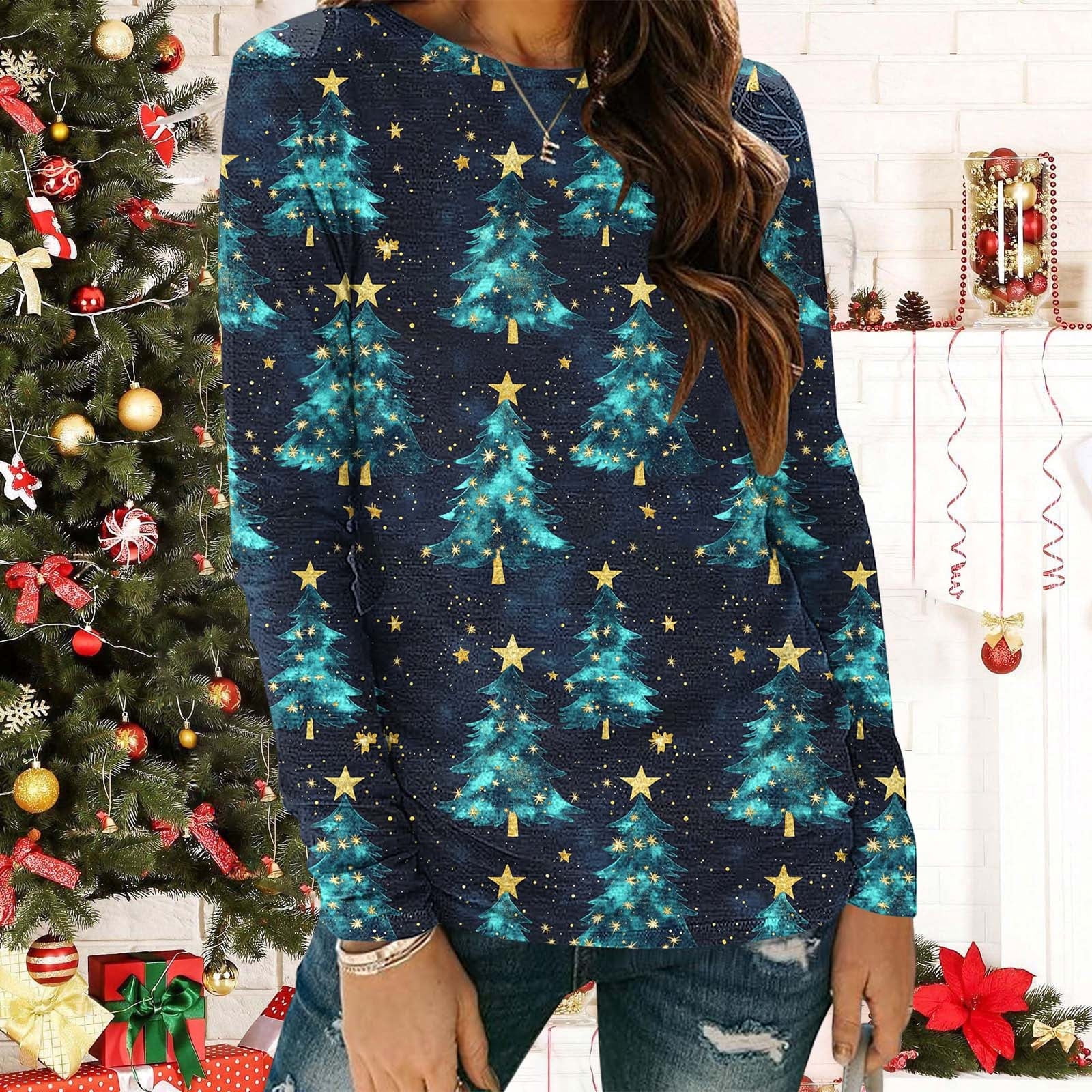 womens christmas dress tops Plus Size Long Sleeve Shirts for Women Holiday Party Wear Round Neck Graphic Print Comfort Casual Outfits Size:11-12Y