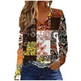 thumbnail image 1 of Womens Tops Plus Size Long Sleeve Color Block Printing V-neck Casual Loose T-shirt Top Brown, 1 of 4