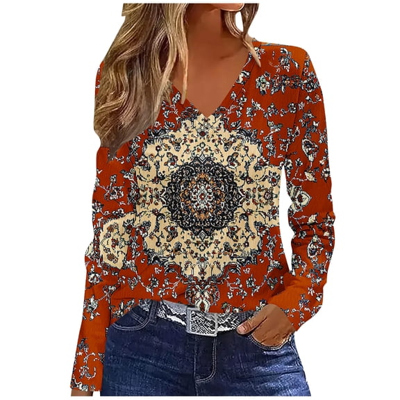 Womens Tops Plus Size Long Sleeve Floral Printing V-neck Casual Loose T-shirt Top Wine