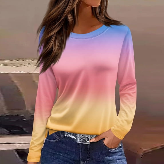 Womens Tops Plus Size Long Sleeve Gradient Printing Round Neck Casual Loose Sweatshirt Yellow