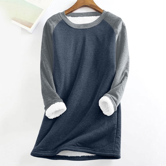 Womens Tops Plus Size Long Sleeve Leopard Patchwork Thick Fleece Sweatshirt Round Neck Underwear Navy L