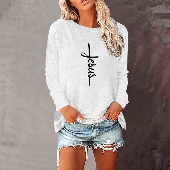 Womens Tops Plus Size Long Sleeve Letters Printed Round Neck Top White L