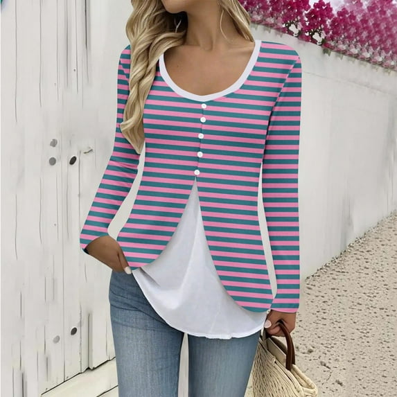 Womens Tops Plus Size Long Sleeve Mock Two Piece Shirts for Women Waist Office to Weekend Wear Stretch Basic Style Casual Outfits