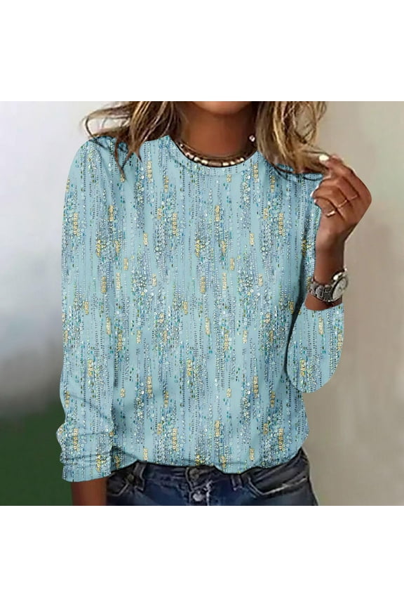 Womens Tops Plus Size Long Sleeve Printing Round Neck Casual Loose T-Shirt Blue XXL