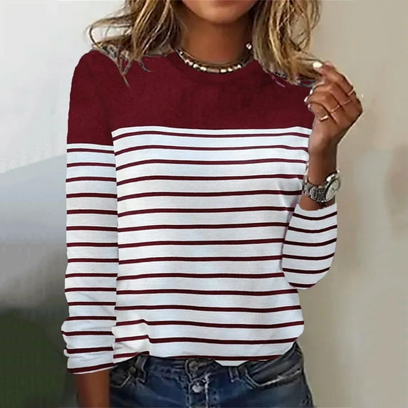 Womens Tops Plus Size Long Sleeve Round Neck Printing Fall Smocked Tops Wine S