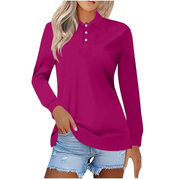 Womens Tops Plus Size Long Sleeve Solid Color Button Lapel Casual T-Shirt Hot Pink L