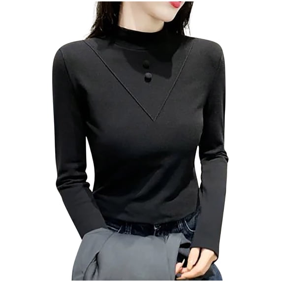Womens Tops Plus Size Long Sleeved Casual Solid Color Round Neck Top Black