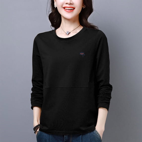 Womens Tops Plus Size Long Sleeved Round Neck Casual Plus Size Base Shirt Top Black