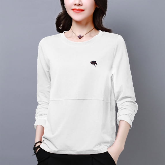 Womens Tops Plus Size Long Sleeved Round Neck Casual Plus Size Base Shirt Top White