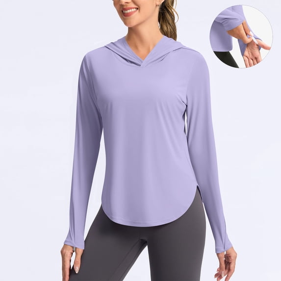 Womens Tops Plus Size Long Sleeved Round Neck Hooded Sun Protection Solid Color Casual Thumb Cover Jacket Purple XL