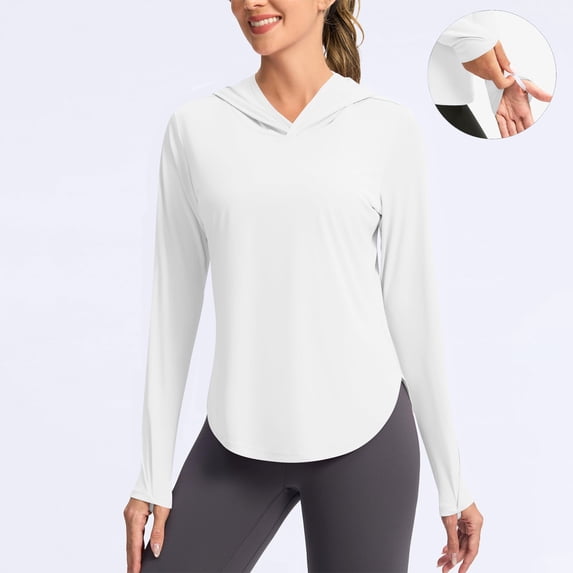 Womens Tops Plus Size Long Sleeved Round Neck Hooded Sun Protection Solid Color Casual Thumb Cover Jacket White XL
