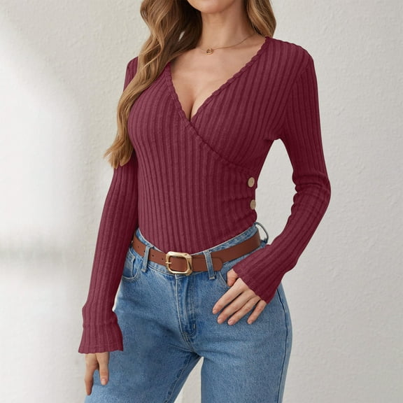 Womens Tops Plus Size Long Sleeved V-neck Button Knit Solid Color Sweater Wine XXL