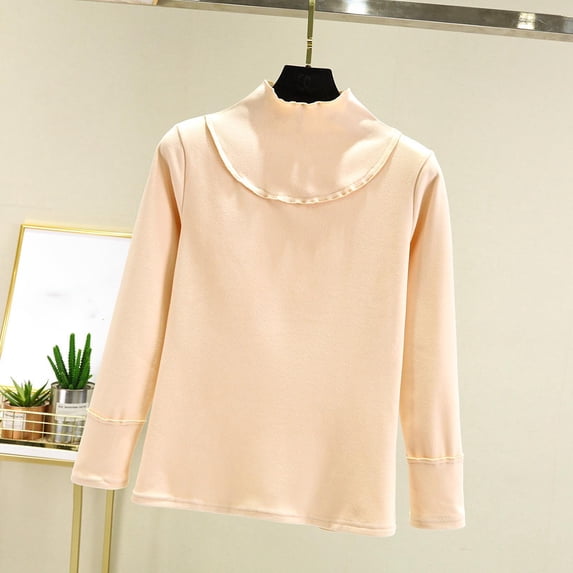 Womens Tops Plus Size Long-sleeved Half-high-neck Solid Color Fleece Undershirt Beige L