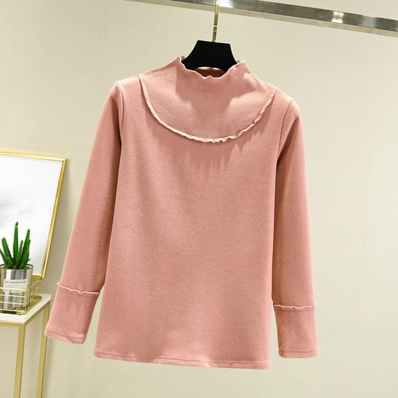 Womens Tops Plus Size Long-sleeved Half-high-neck Solid Color Fleece Undershirt Pink M