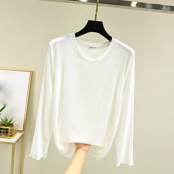 Womens Tops Plus Size Long-sleeved Round-neck Solid Color Undershirt White L