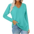 thumbnail image 1 of Womens Tops Plus Size Long-sleeved V-neck Elegant Casual Solid-color T-shirt Loose Top Blue, 1 of 2