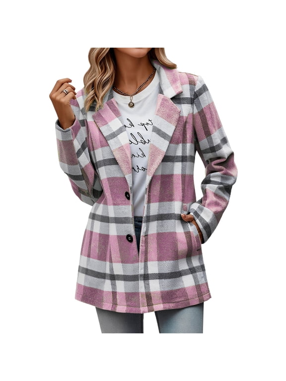 Womens Tops Plus Size Plaid Shacket Jacket Button Wool Tartan Trench Coat Fall Casual Tops with Pockets Pink M