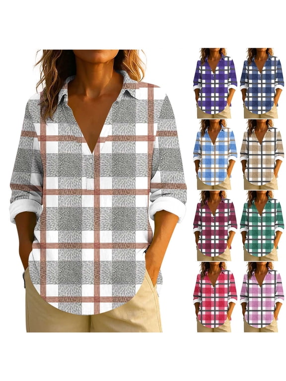 Womens Tops Plus Size Plaid Shirts for Women Long Sleeve Button Up Lapel Loose Casual Fall Top S-3XL