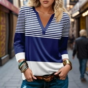 WHLBF Womens Tops Plus Size Printed 3/4 Sleeves V-Neck Casual Tops Blue S