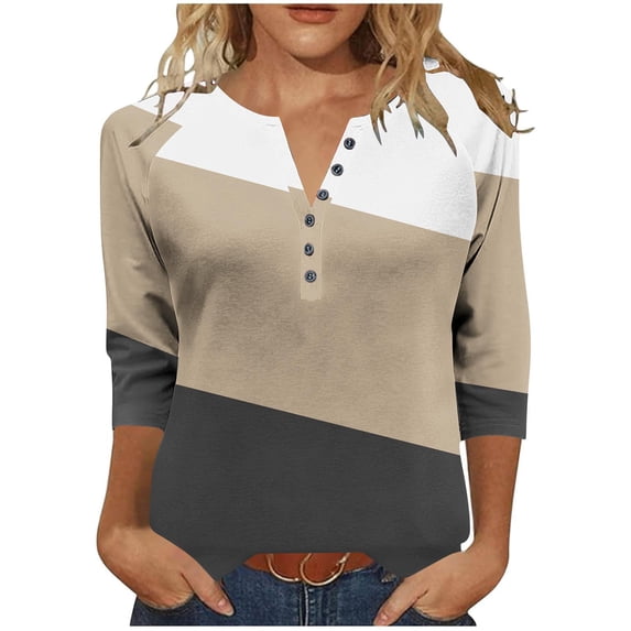 Womens Tops Plus Size Round Neck 3/4 Sleeve Daily Print Loose Casual T-Shirt Pullover Top Khaki