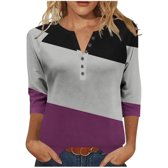 Womens Tops Plus Size Round Neck 3/4 Sleeve Daily Print Loose Casual T-Shirt Pullover Top Purple