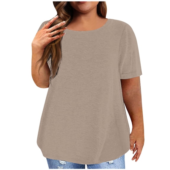 Womens Tops Plus Size Round Neck Short Sleeve Casual Solid Printing Blouse