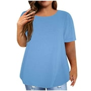 WHLBF Womens Tops Plus Size Round Neck Short Sleeve Casual Solid Printing Blouse