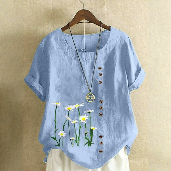Womens Tops Plus Size Round Neck Short Sleeve Flower Printing Loose Summer Casual Shirt Light Blue XL