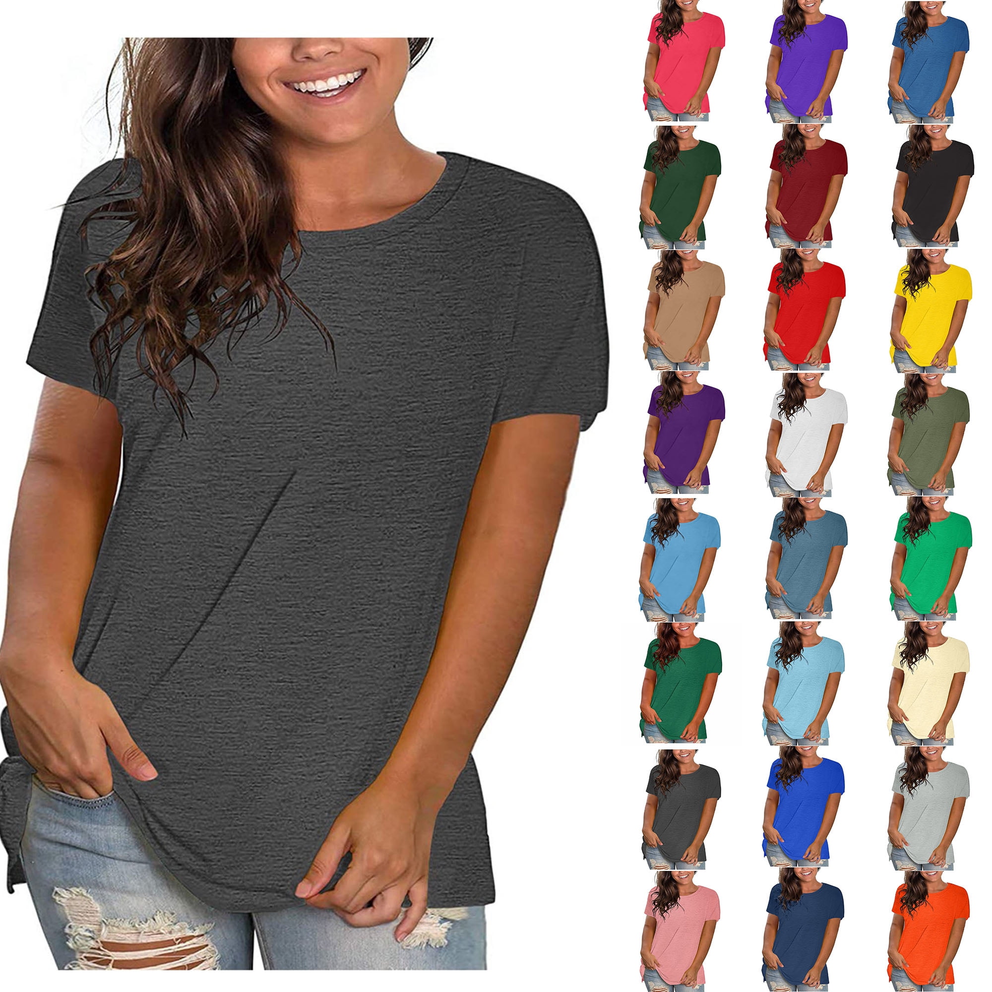 Womens Tops Plus Size Sawvnm Women's Fashion Solid Loose Short Sleeve T-shirt Pullover Tops Clothes under $5.00 Gray 5XL
