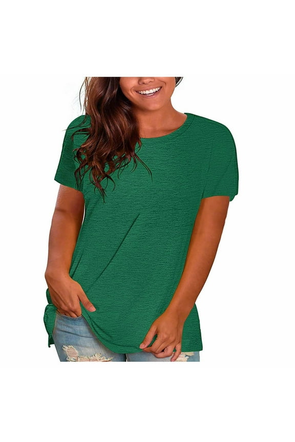 Womens Tops Plus Size Sawvnm Women's Fashion Solid Loose Short Sleeve T-shirt Pullover Tops Clothes under $5.00 Green M