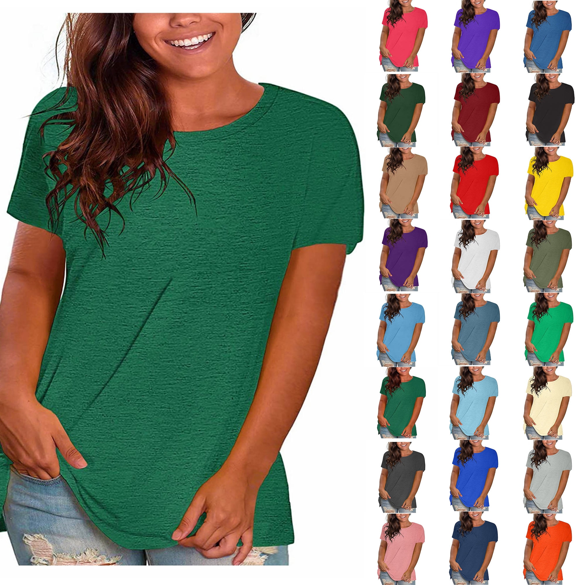 Womens Tops Plus Size Sawvnm Women's Fashion Solid Loose Short Sleeve T-shirt Pullover Tops Clothes under $5.00 Green M