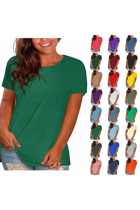 Womens Tops Plus Size Sawvnm Women's Fashion Solid Loose Short Sleeve T-shirt Pullover Tops Clothes under $5.00 Green M