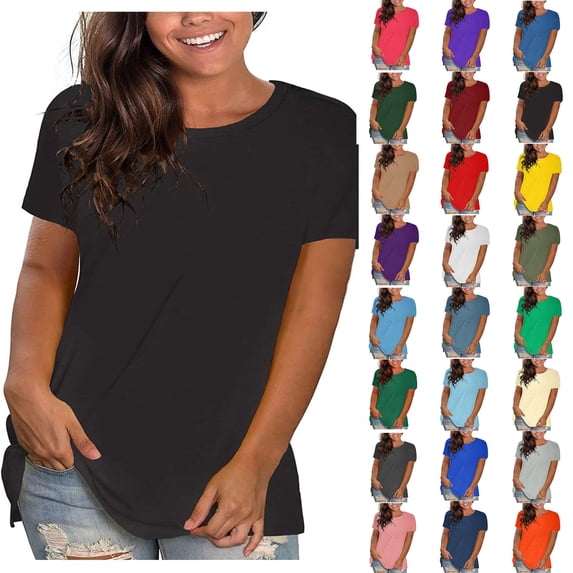 Womens Summer Tops Sawvnm Women's Fashion Solid Loose Short Sleeve T-shirt Pullover Black S