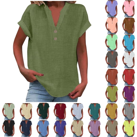 Womens Tops Plus Size Sawvnm Women's Tops Fashion Solid Button Shirt Female V-Neck Loose T-shirt Blouse Summer Tops Green 5XL