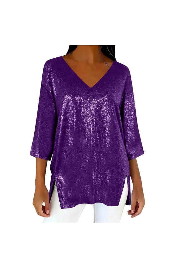 Womens Tops, Plus Size Sequin Tops Short Sleeve Shirts for Women V-Neck Party Sparkly Tunics
