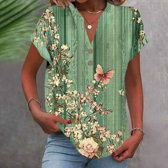 Womens Tops Plus Size Short Sleeve Button Casual Printed Home V-Neck T-shirt Blouses Green XL